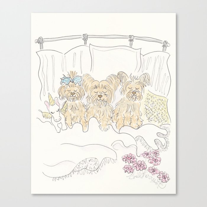 Sweet Yorkie Dogs Cuddle in Bed  Canvas Print