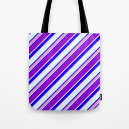 [ Thumbnail: Dark Violet, Plum, Light Cyan & Blue Colored Lined/Striped Pattern Tote Bag ]