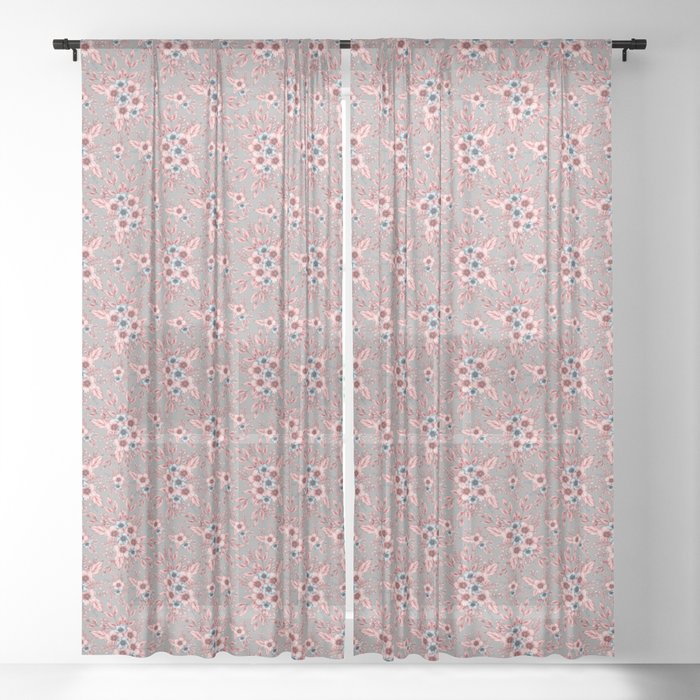 Monochrome anemone flowers and butterflies on a gray background - floral print Sheer Curtain