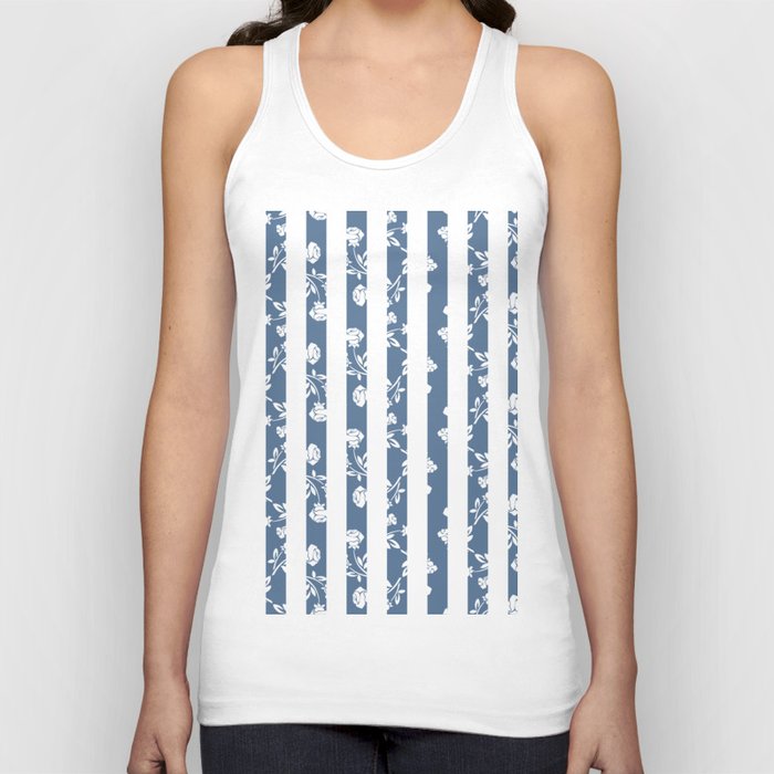 Floral White Rose Pattern on Slate Blue and White Stripes Tank Top