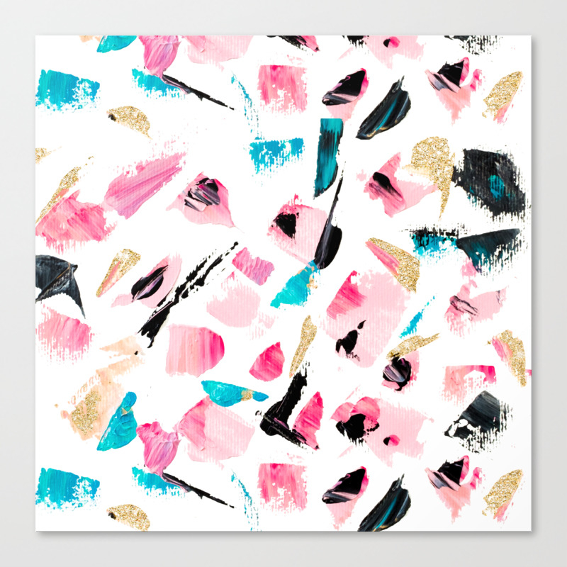 Abstract Bright Pink Turquoise Black Gold Glitter Brushstrokes