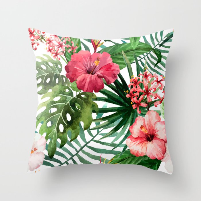 Tropical Floral Watercolor Pattern Throw Pillow