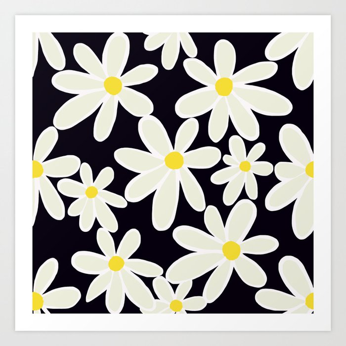 Daisies Night -  Light Daisy Flowers on Dark Background #decor #society6 #buyart Art Print