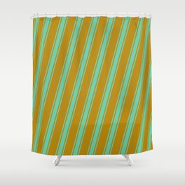 [ Thumbnail: Dark Goldenrod & Aquamarine Colored Striped/Lined Pattern Shower Curtain ]
