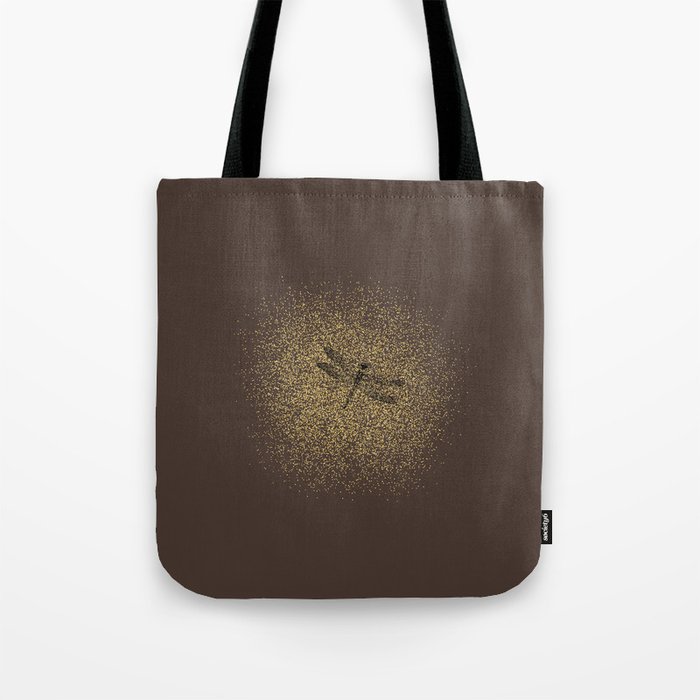 Sketched Dragonfly and Golden Fairy Dust on Dark Brown Tote Bag