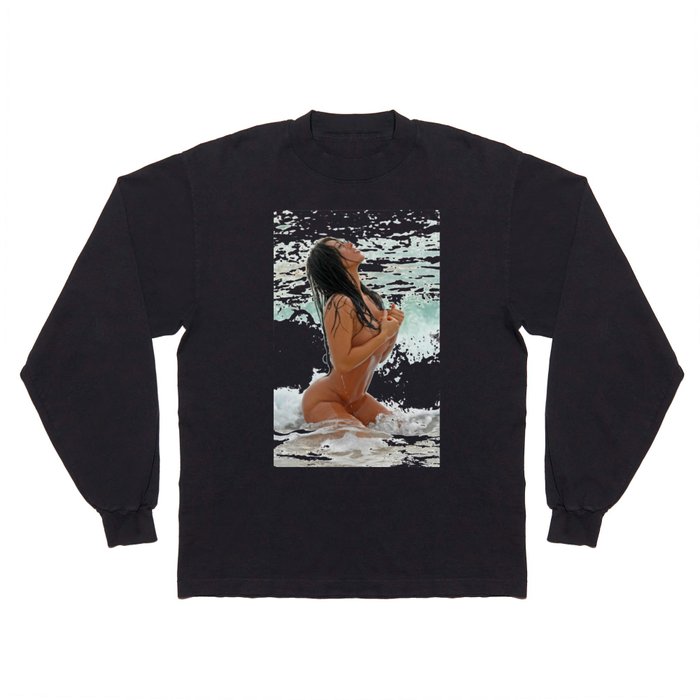 9425-SS Wet Woman Nude Beach Sand Surf Big Breasts Long Black Hair Sexy  Erotic Art Long Sleeve T Shirt by Chris Maher