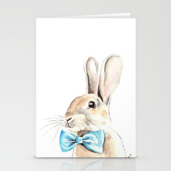 Bunny with a Blue Bow Tie. Watercolor Illustration. Stationery Cards