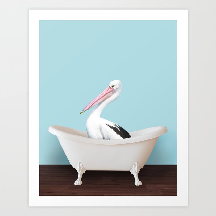 Playing pelican in bathtub Art Print