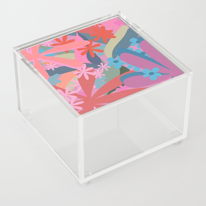 Floral Jungle Colorful Art Design Pattern in Pink Red and Blue  Acrylic Box