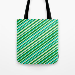 [ Thumbnail: Dark Turquoise, Beige, and Green Colored Striped/Lined Pattern Tote Bag ]