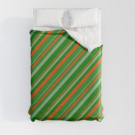 [ Thumbnail: Dark Sea Green, Green, Red & Forest Green Colored Lined/Striped Pattern Duvet Cover ]