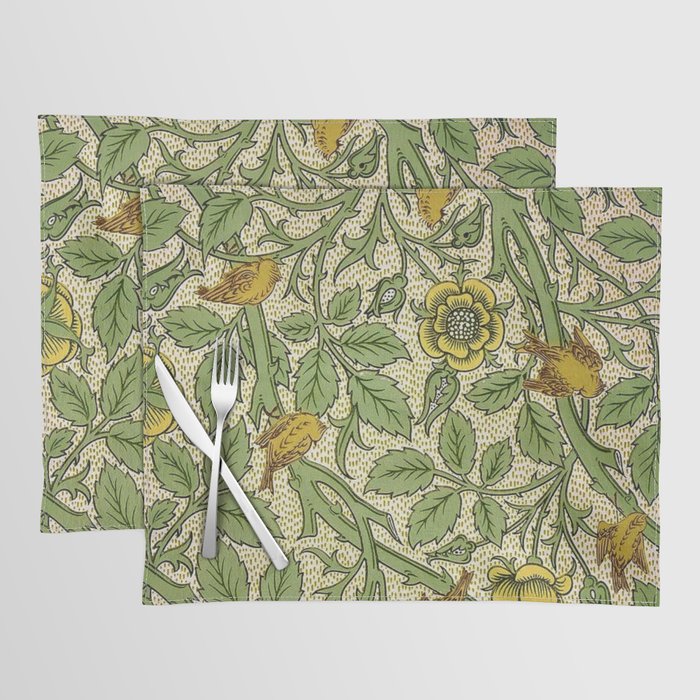 William Morris Yellow Begonia and Songbirds Textile Tapestry Pattern Placemat