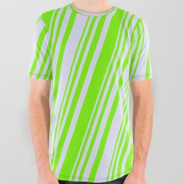 [ Thumbnail: Green & Lavender Colored Striped/Lined Pattern All Over Graphic Tee ]