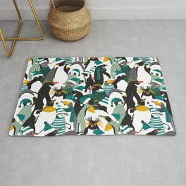 Merry penguins // black white grey dark teal yellow and coral type species of penguins green dressed for winter and Christmas season (King, African, Emperor, Gentoo, Galápagos, Macaroni, Adèlie, Rockhopper, Yellow-eyed, Chinstrap) Rug