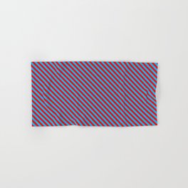 [ Thumbnail: Red and Deep Sky Blue Colored Stripes Pattern Hand & Bath Towel ]