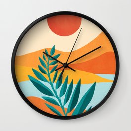 Mountain Sunset Colorful Landscape Illustration Wall Clock | Landscape, Outdoors, Earth, Nature, Planet, Colorful, Orange, Teal, Graphicdesign, Sunset 
