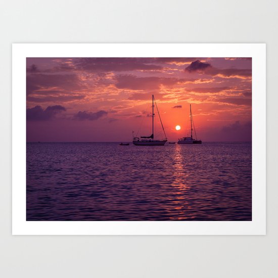 Sailboats at sunset in Roatan Art Print