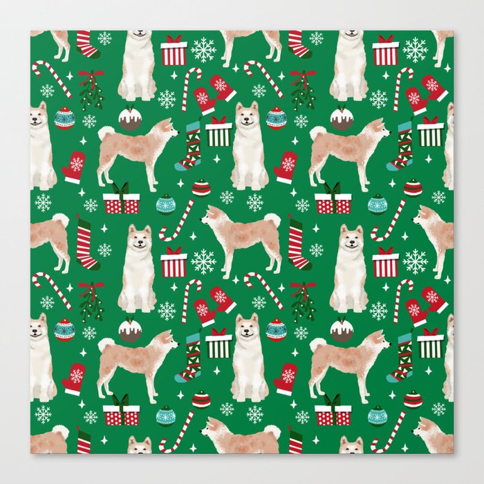 Akita christmas dog breed pattern snowflakes mittens candy canes stockings Canvas Print