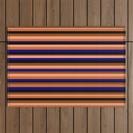 [ Thumbnail: Eyecatching Light Salmon, Chocolate, Blue, Black & Brown Colored Stripes/Lines Pattern Outdoor Rug ]