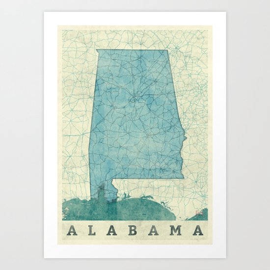 Alabama State Map Blue Vintage Art Print