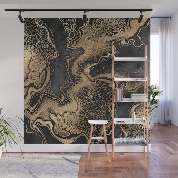Black Gold Abstract Snakeskin Stylized Marble Pattern  Wall Mural