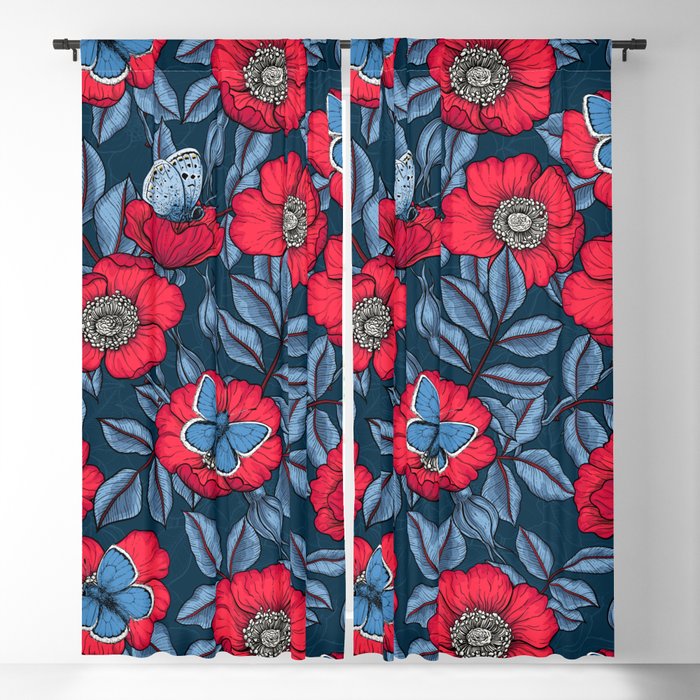 Dog rose and butterflies in red and blu Blackout Curtain
