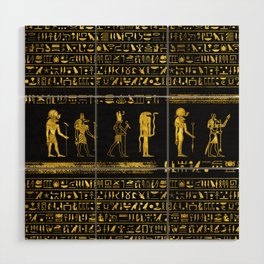 Golden Egyptian Gods and hieroglyphics on leather Wood Wall Art