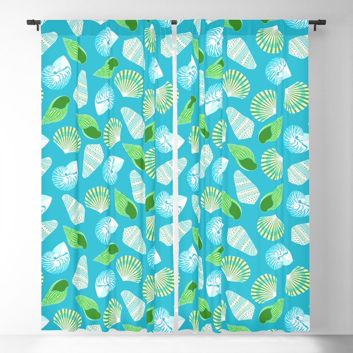 Lime Green Mix Shell Pattern on Blue Background Blackout Curtain