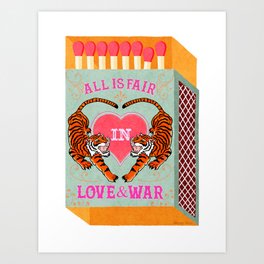 All is Fair in Love and War Vintage Matchbox Retro Teal & Orange Palette with Tiger Art Print