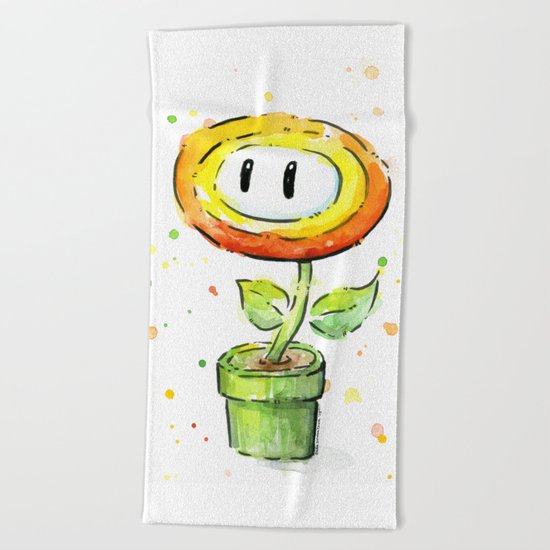 Fire Flower Watercolor Painting Mario Game Geek Art Beach Towel