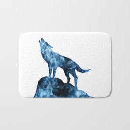 Howling Wolf blue sparkly smoke silhouette Bath Mat | Abstract, Majestic, Sparkly, Wolf, Geometric, Triangles, Smoke, Vector, Graphicdesign, Digitaldrawing 