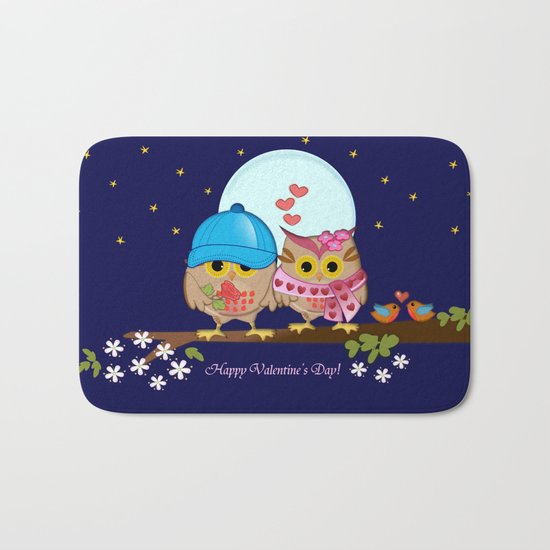 Blue moon Valentine's Owls Bath Mat