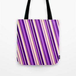 [ Thumbnail: Beige, Indigo & Orchid Colored Lines Pattern Tote Bag ]