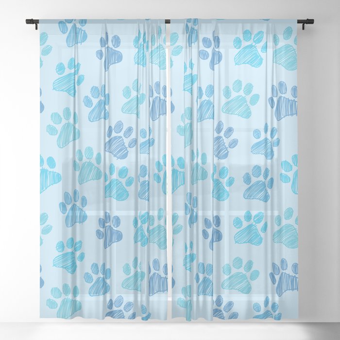 Blue Paws doodle seamless pattern. Digital Illustration Background. Sheer Curtain
