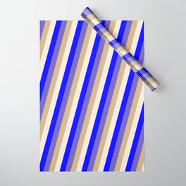 [ Thumbnail: Slate Blue, Tan, Beige & Blue Colored Lined Pattern Wrapping Paper ]