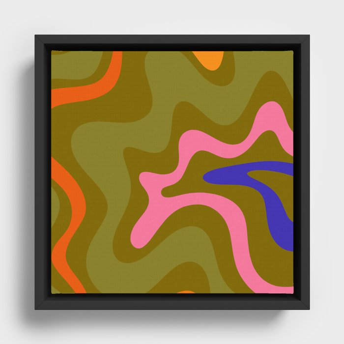 Retro Liquid Swirl Abstract Pattern Square Olive Khaki Green Blue Pink Orange Framed Canvas