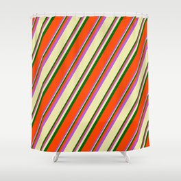 [ Thumbnail: Orchid, Pale Goldenrod, Dark Green, and Red Colored Striped/Lined Pattern Shower Curtain ]