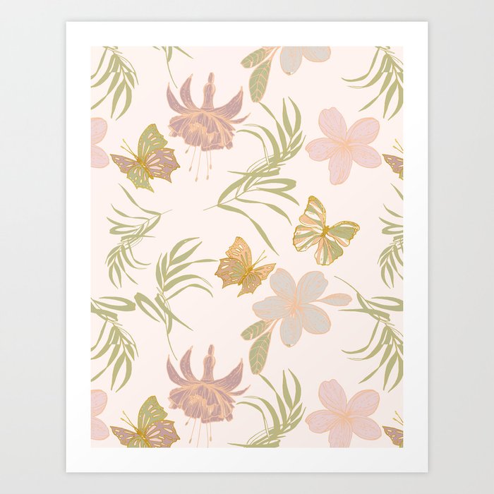 Modern Pastel Exotic Flowers And Butterfly Meadow Pattern Art Print