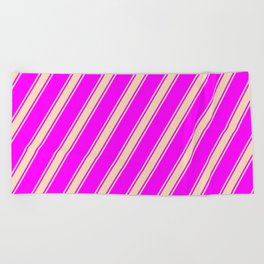[ Thumbnail: Fuchsia and Tan Colored Lined Pattern Beach Towel ]