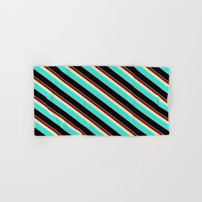 Colorful Dim Gray, Maroon, Tan, Turquoise & Black Colored Stripes/Lines Pattern Hand & Bath Towel