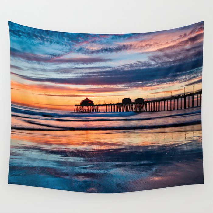 Huntington Beach Pier Sunset Reflections  Wall Tapestry