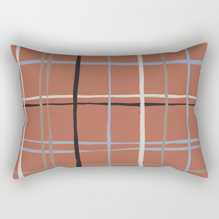 Timeless Tattersall Grid with brown, blue and black stripes over red brick Rectangular Pillow