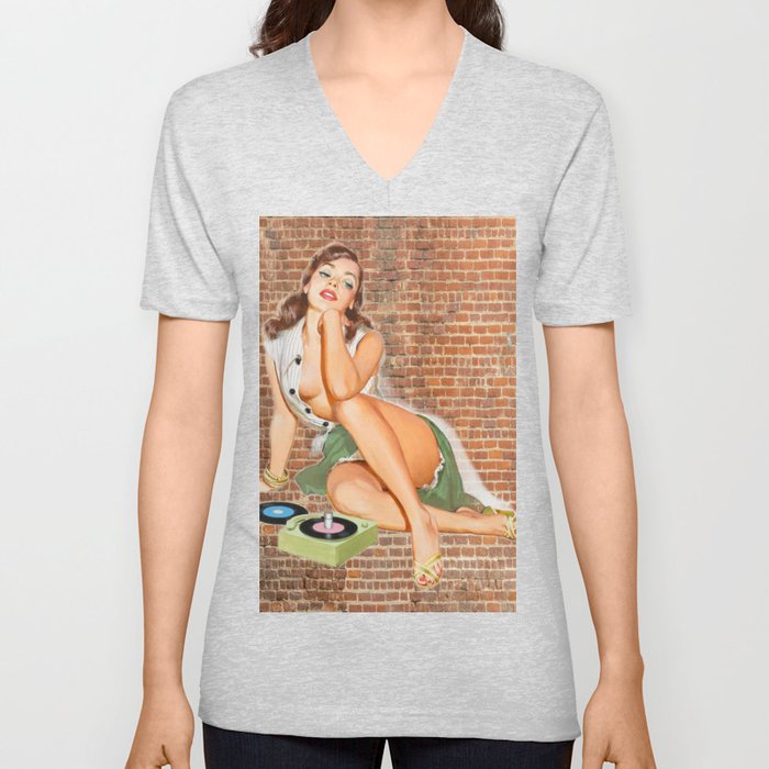 Vintage Pin Up Girl With Two Vinyls, A Green Skirt And Red Nails On A Wall Background V Neck T Shirt