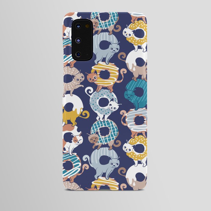 Cats Donut Care // blue background goldenrod yellow mustard, teal pastel blue and brown sweet kitties Android Case