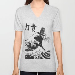 Samurai Surfing The Great Wave off Kanagawa V Neck T Shirt
