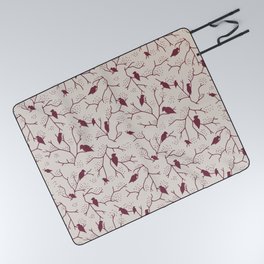 Red tree brunches and birds on tan background Picnic Blanket