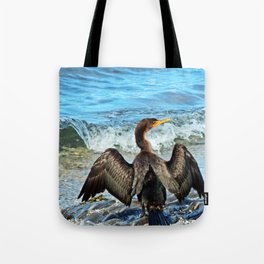 Cormorant Dries off in front of the Sea Tote Bag