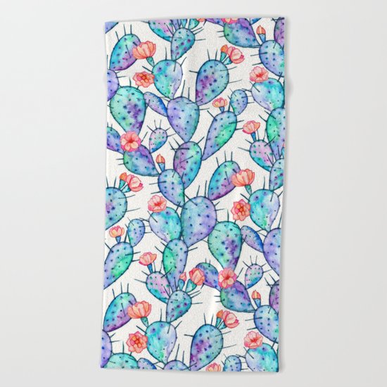 Rainbow Watercolor Cactus Pattern Beach Towel