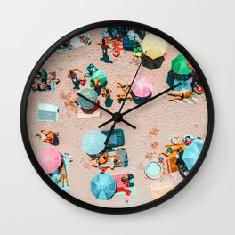 Aerial Drone Summer Beach, People Colorful Umbrellas On Beach Aerial Print, Home Decor Aerial, Minimalist Print, Pastel Beach Wall Clock