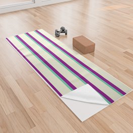 [ Thumbnail: Aquamarine, Beige & Purple Colored Lined Pattern Yoga Towel ]